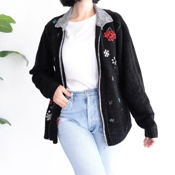 Vintage Allison Daley Black Zip Cardigan Holiday Snowflakes Festive Sweater L - Picture 1 of 16